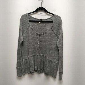 We The Free People Gray Henley Coastline Waffle Knit Long Sleeve Peplum Top